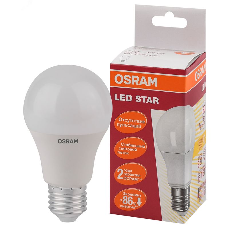 Лампа светод. LED 7Вт Е27 STAR ClassicA (зам60Вт),тепл. бел. свет, мат. колба OSRAM 6387 и 6400  во Владимире