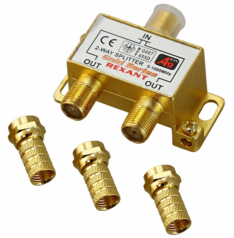 Делитель ТВ "краб" x 2 + 3шт. F   "BOX"  5-1000 МГц  "GOLD" REXANT 05-6101-1  во Владимире