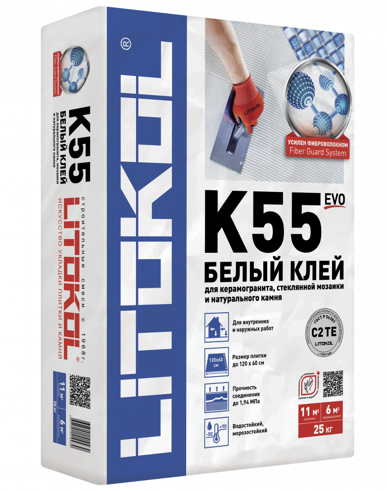 K55 LITOKOL (класс С2 TЕ) – БЕЛЫЙ клей для стеклянной, керамической и каменной мозаики (25 кг)/54шт  во Владимире