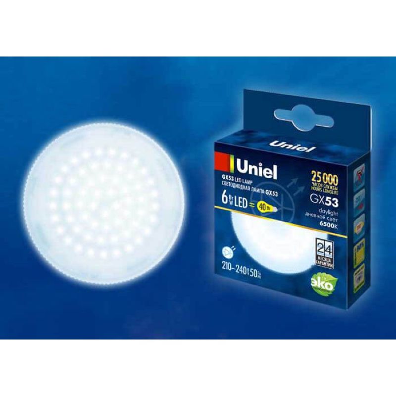 UL-00005311 Лампа светодиод, мат. Днев. свет Картон.ТМ Uniel LED-GX53-6W/6500K/GX53/FR PLZ01WH 0018  во Владимире