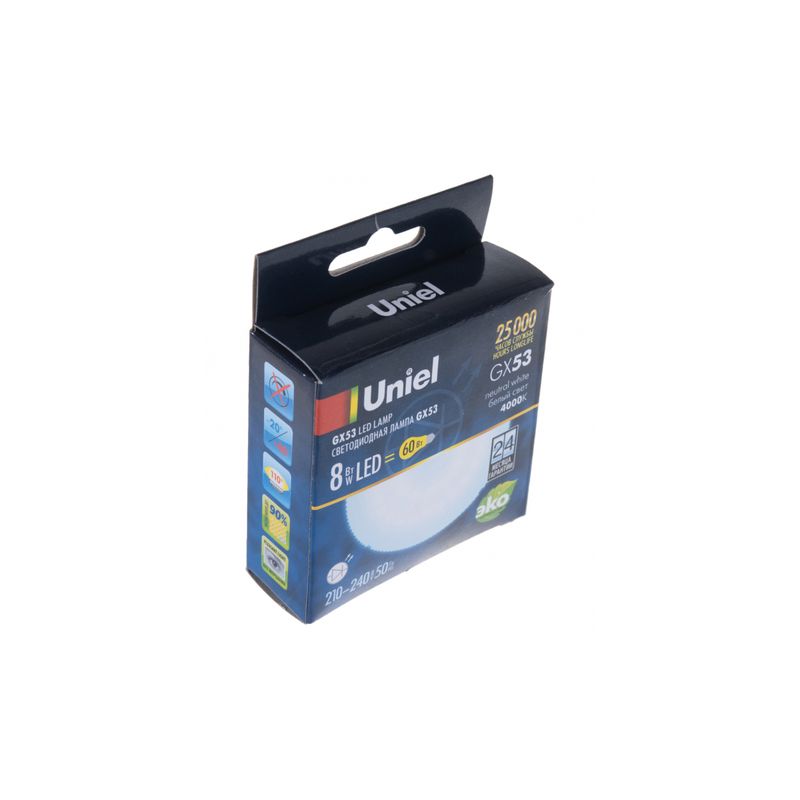 UL-00001671  Лампа светодиод, мат. Бел. свет. Картон. ТМ Uniel., LED-GX53-8W/NW/GX53/FR PLZ01WH 9179  во Владимире