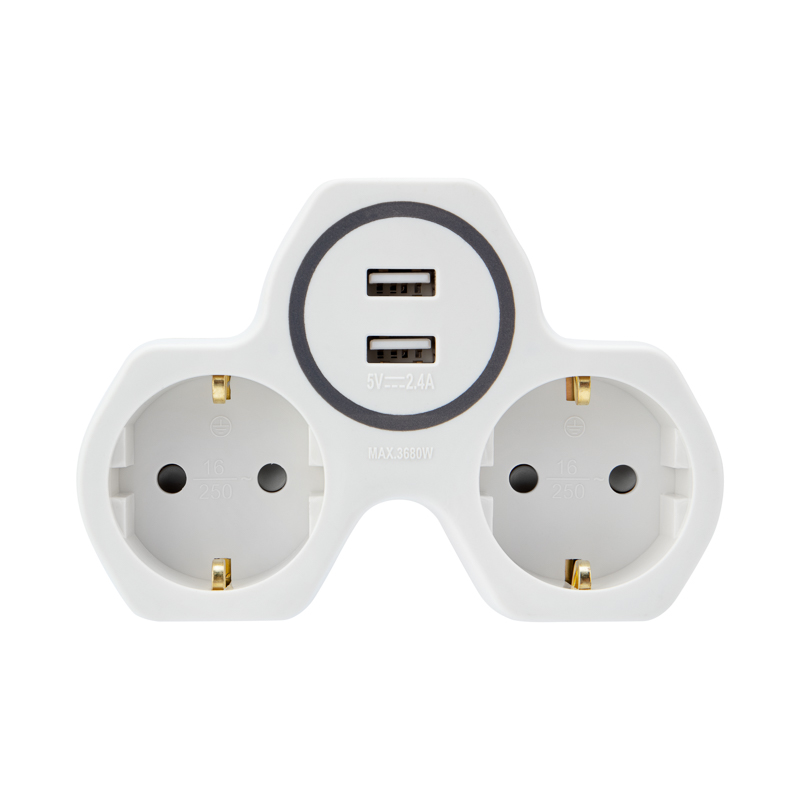 11-1089 Двойник электрический REXANT 16 А с/з и защитными шторками + 2 USB порта, 2,4 А, белый  во Владимире