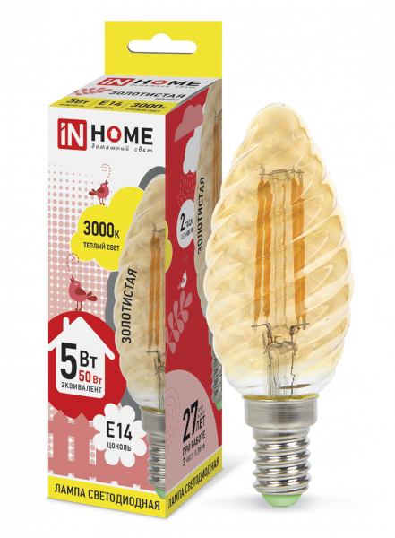 Лампа LED-СВЕЧА ВИТАЯ-deco 5Вт 230В E14 3000К 450Лм зол. IN HOME 4690612007199  во Владимире