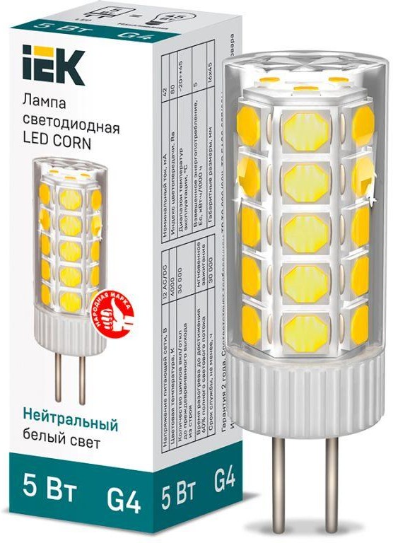 Лампа светодиодная CORN капсула 5Вт 12В 4000К керамика G4 (IEK)  во Владимире